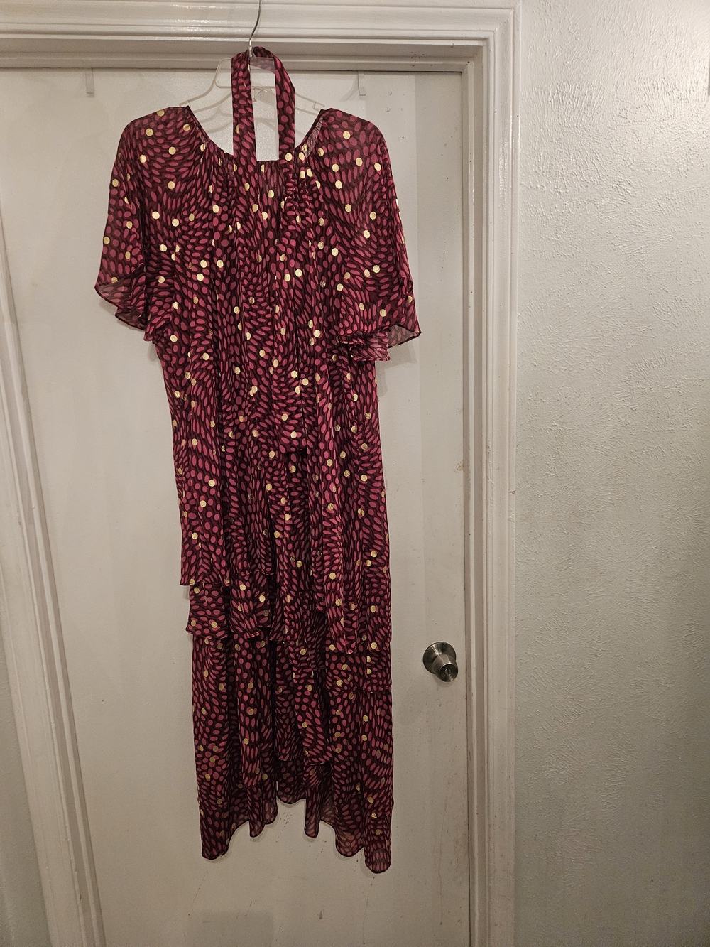 Halter Midi Dress in Deep Burgundy with Gold Dot Accents